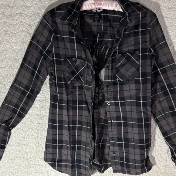 Hot Topic Black and Gray Plaid Button Down Shirt with Skull Detail - Picture 3 of 3